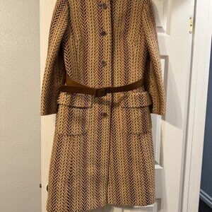 Vintage Herringbone Wool Coat with Belt